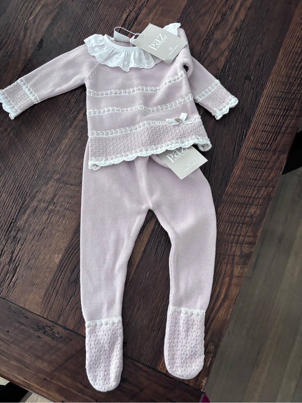 Paz Rodriguez Pink Knit Baby Matching Set with Lace Collar. 1 m
